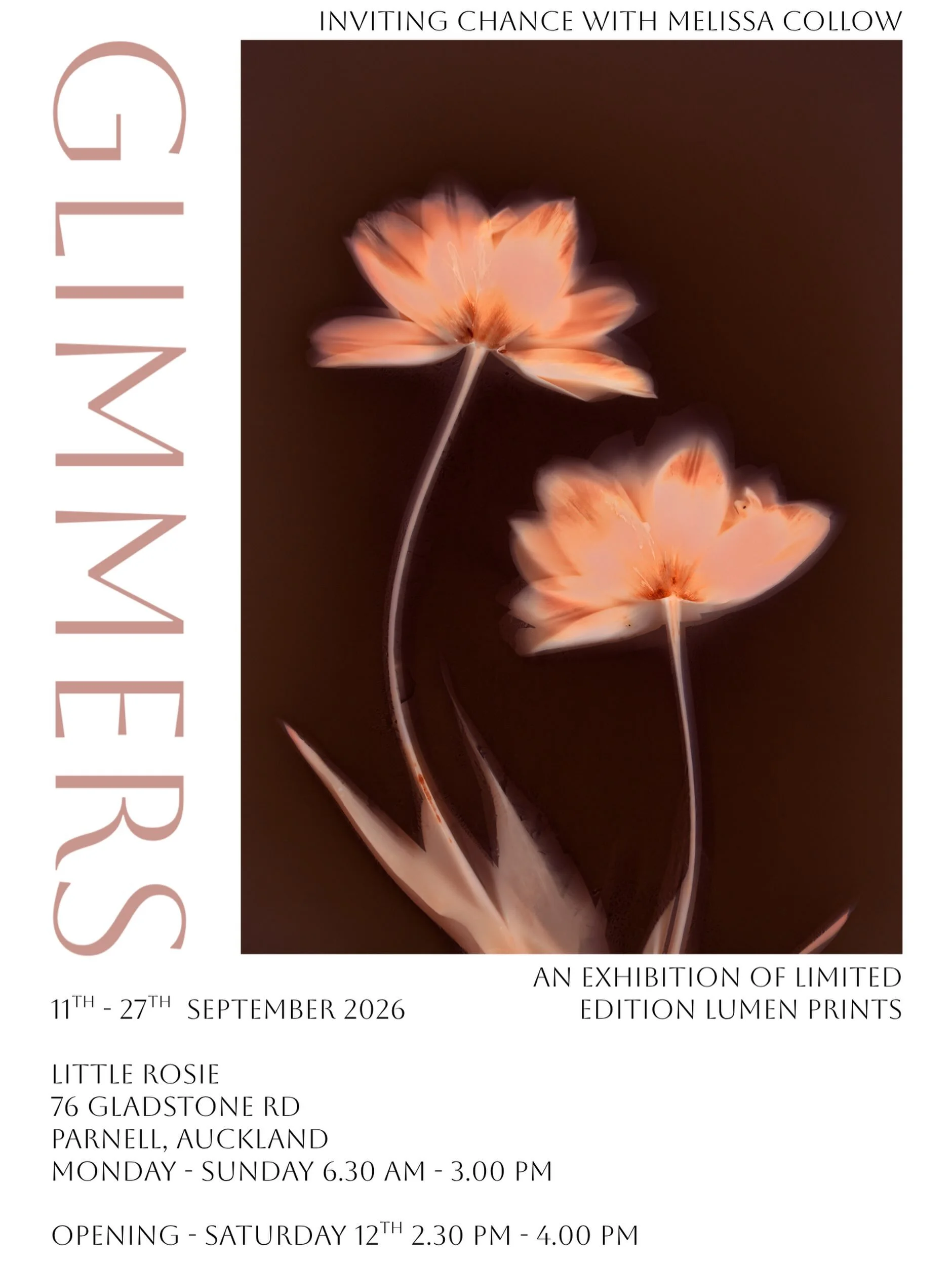 If you&rsquo;re in Auckland next Saturday 12th September, join me at Little Rosie&rsquo;s 2.30-4pm for the opening of my exhibition Glimmers. I&rsquo;d love to see you there.
@little_rosie_parnell 
76 Gladstone Rd, Parnell, Auckland.