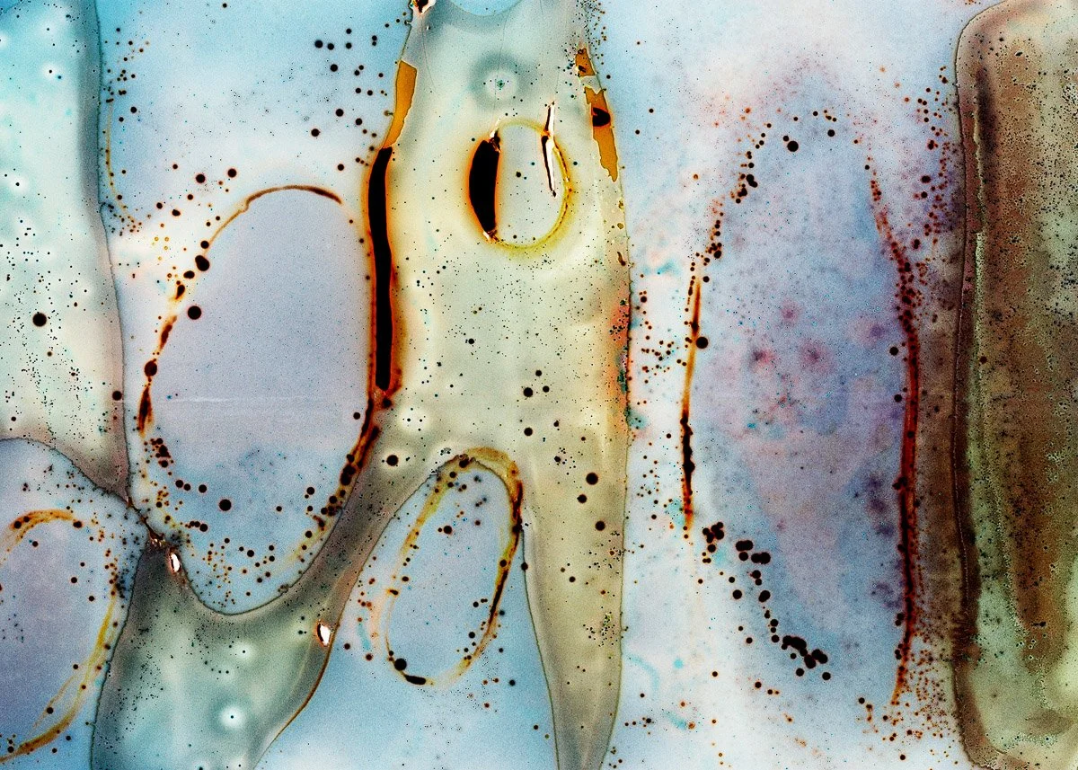 Abstract image with splashes of black, brown, and white colors creating amorphous shapes on a light background.