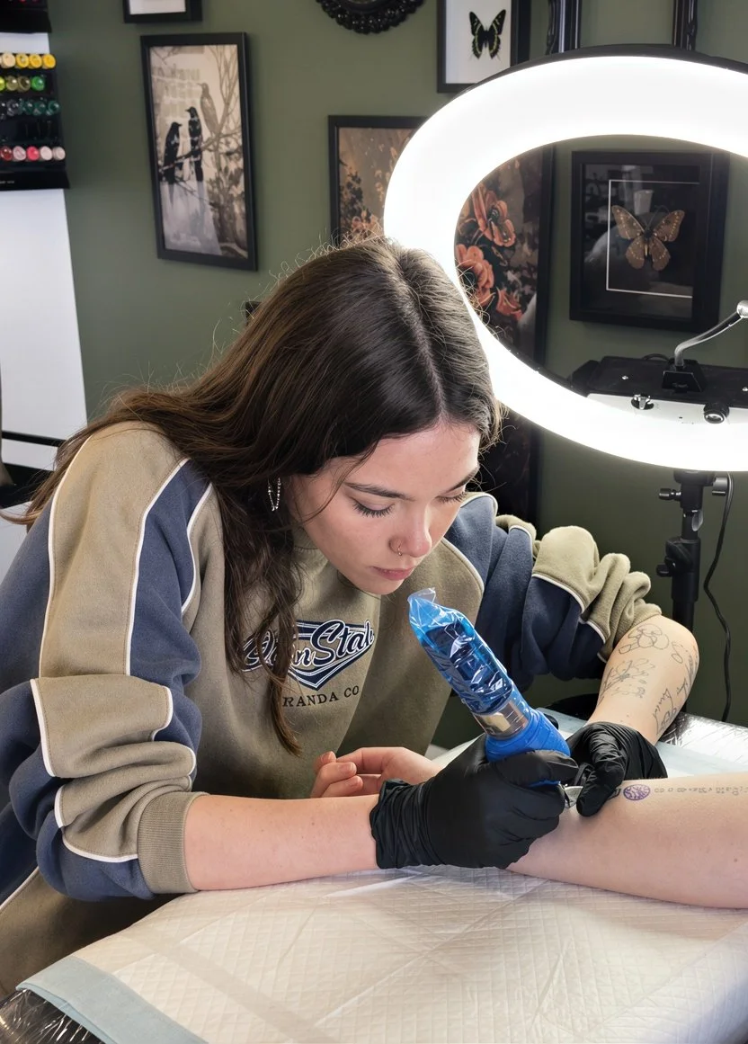 A woman with long dark hair getting a tattoo on her forearm from a tattoo artist under a ring light, with framed butterfly and bird pictures on the wall behind her.