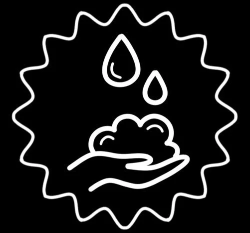 Outline of a hand holding a cloud with two water droplets falling from above, surrounded by a jagged edge.
