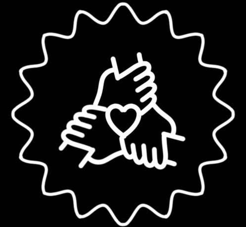 Two hands holding each other with a heart between them, surrounded by a spiked circle.