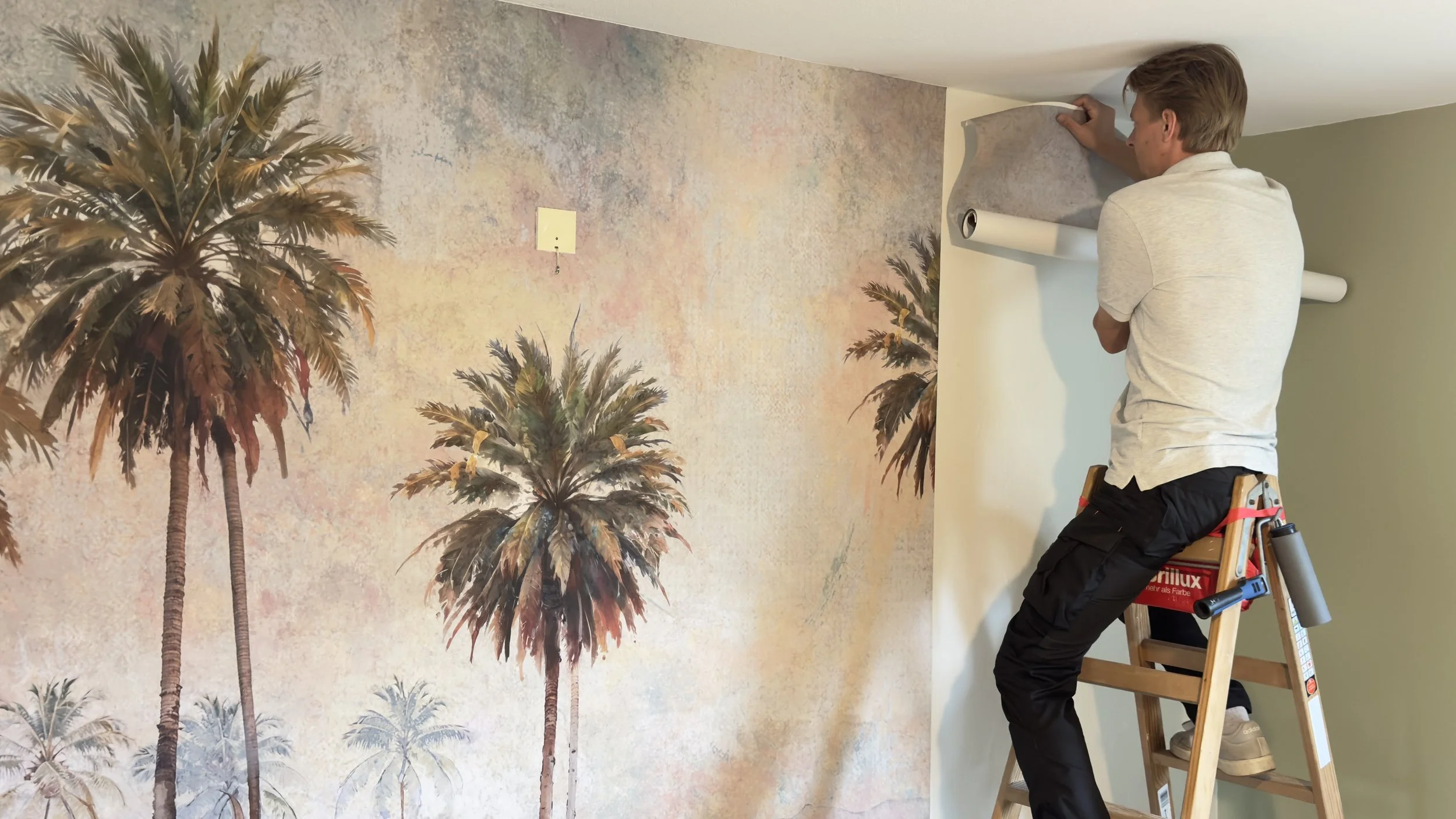 Professioneel behanger brengt fotobehang aan in interieur