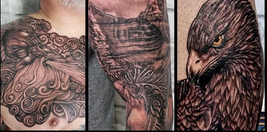 Collection of three tattoos: The first tattoo features a stylized face with flowing hair and swirls, the second tattoo depicts a mountain landscape, and the third tattoo shows a detailed eagle head. Black and grey realism. 