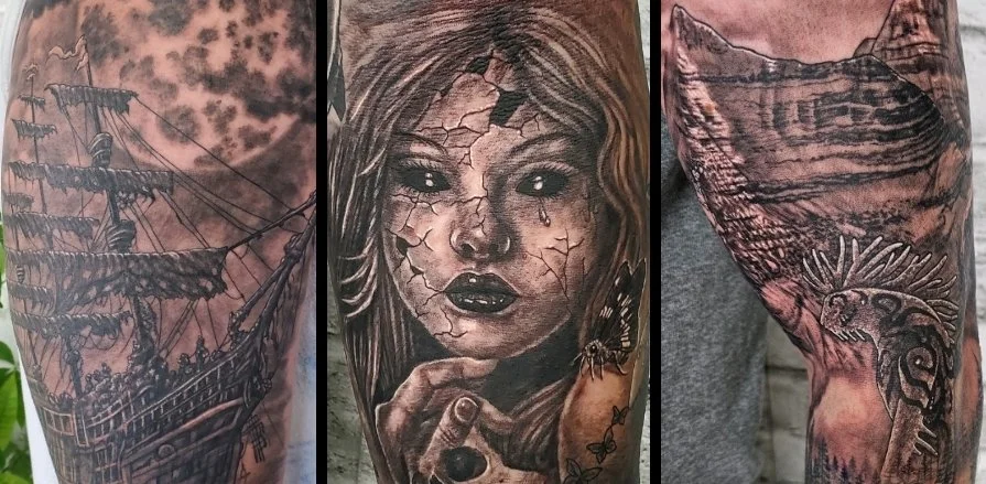 Close-up of three tattoos on arms, featuring a pirate ship, a woman's face with cracked skin, and a bird foraging on a rock.