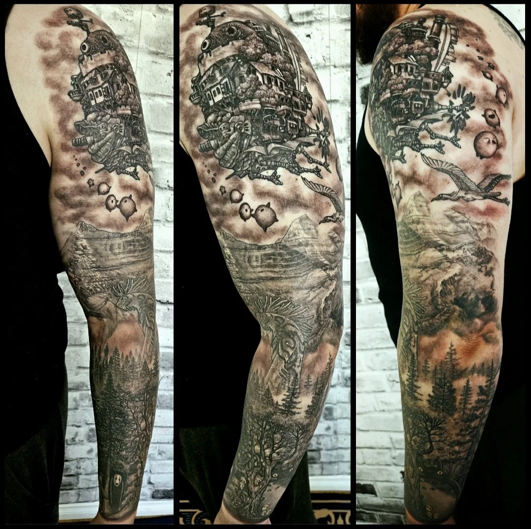 A detailed black and gray tattoo sleeve featuring a Howl’s moving castle flying, birds, trees, mountains, and a cloudy sky, covering the entire arm. Including other characters from Studio Ghibli and mixing black and grey realism, full sleeve.