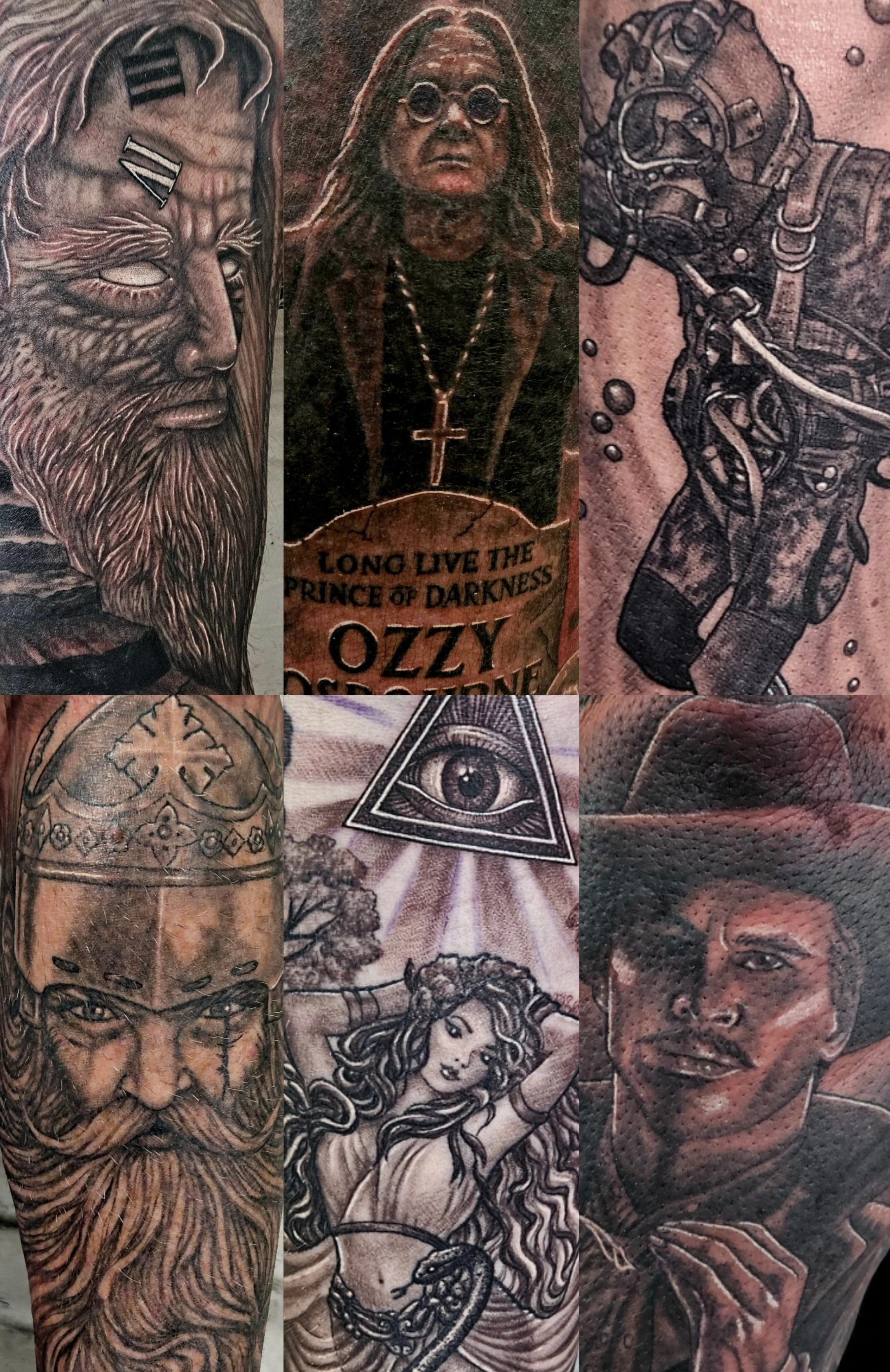 Collage of various tattoos including a face of a bearded man with a clock on his forehead, a person with long hair and glasses with a cross necklace, mechanical and anatomical designs, an eye within a triangle, a figure with a beard and crown, a merm