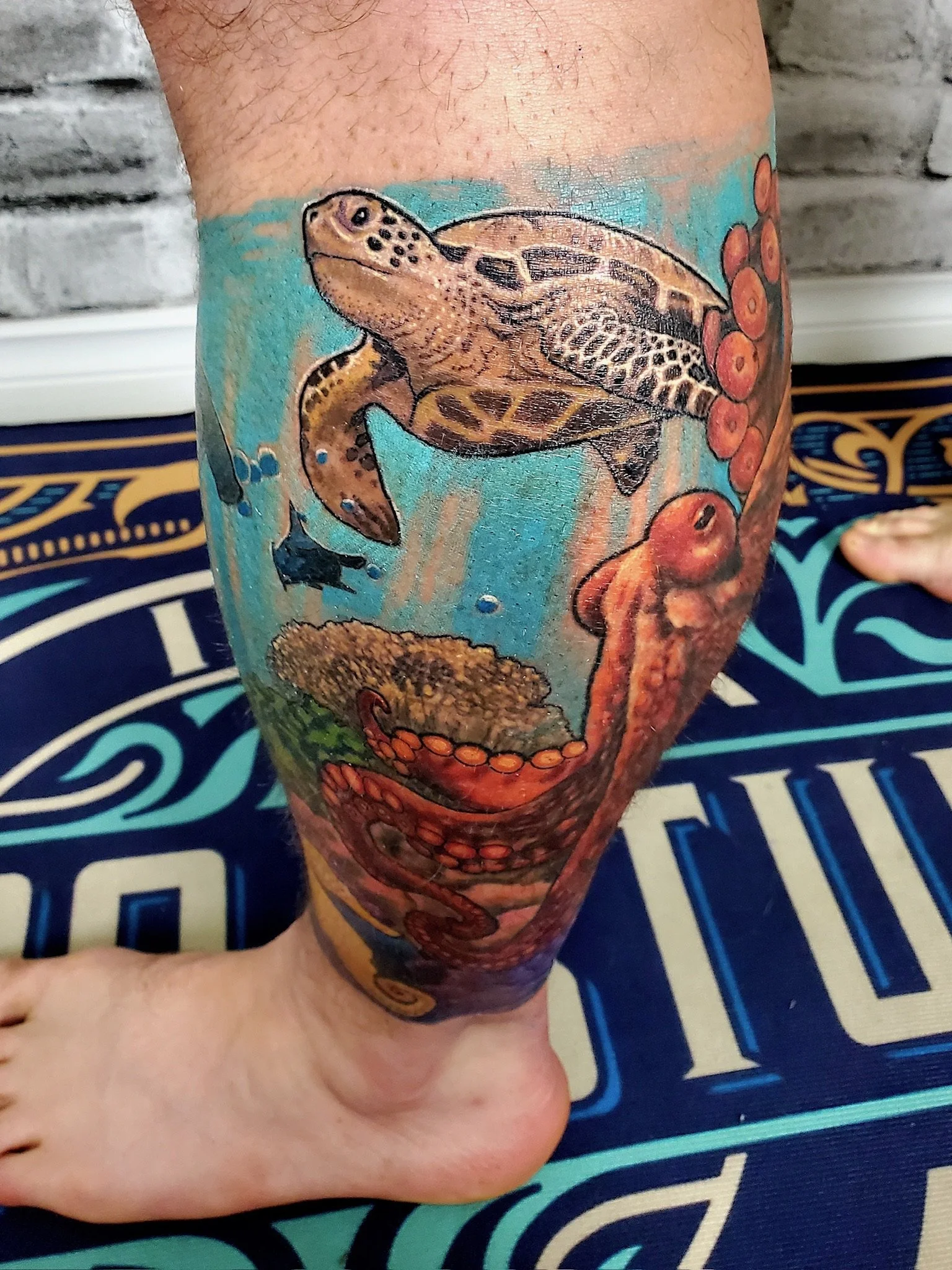 Colour Tattoo of a sea turtle on a person's leg, with blue background and orange coral accents.
