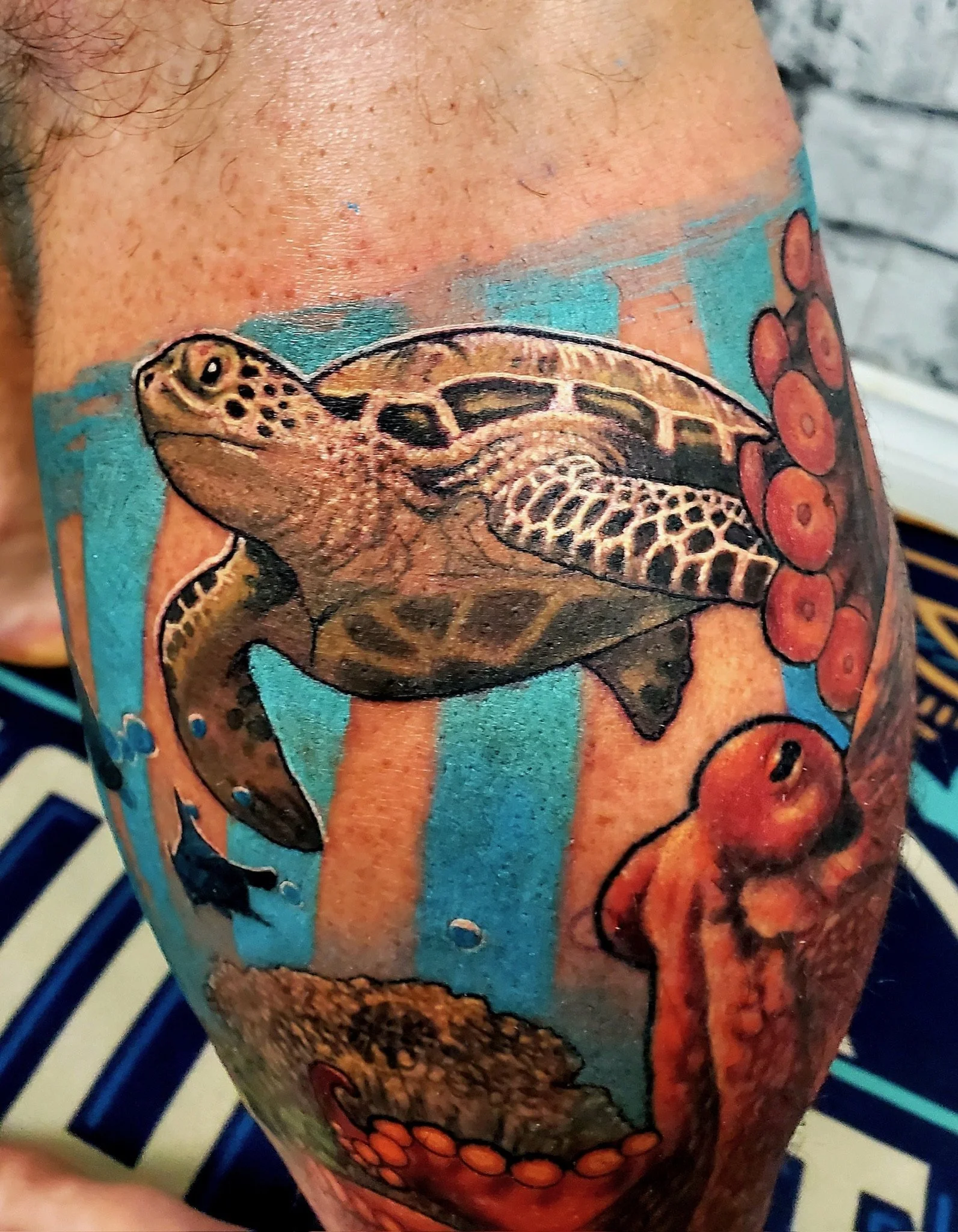 Close-up of a colour tattoo on a person's leg, featuring a detailed sea turtle with a coral reef and a school of orange fish in the background.