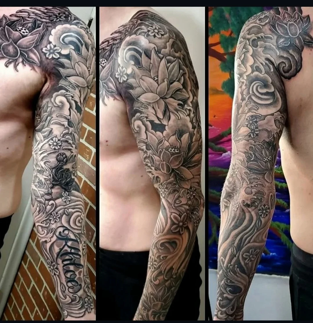 A collage of three images showing a man's sleeve tattoo featuring flowers, clouds, waves, and other traditional Japanese-style elements in black and gray ink.