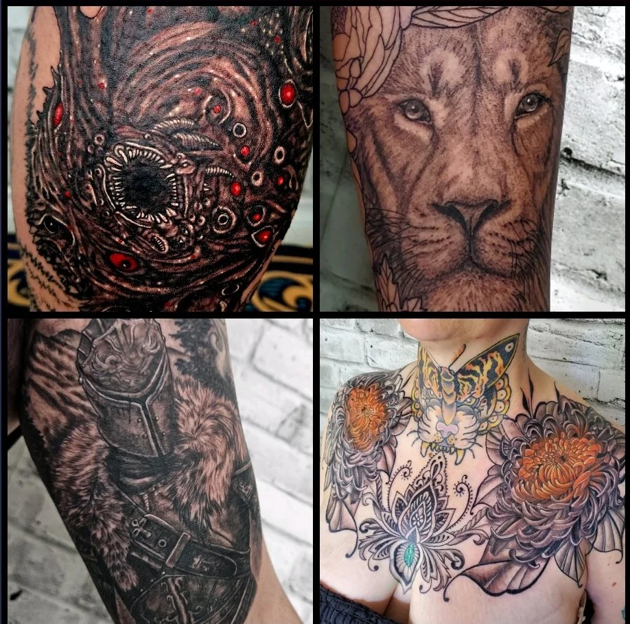 Collage of four tattoos: a black and red abstract creature tattoo on the top left, a realistic lion's face tattoo on the top right, a black and gray wolf with a collar tattoo on the bottom left, and a floral and butterfly chest tattoo with a butterfl