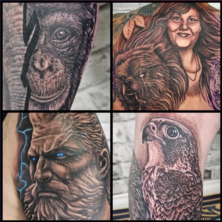Collage of four tattoo portraits: one of a chimpanzee's face, one of a woman with a lion and a bear, one of a bearded man with blue eyes and lightning in his hair, and one of a hawk.