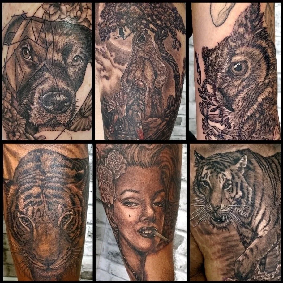 A collage of six realistic tattoo portraits, including a wolf, a tree with a howling wolf, an owl, a tiger, a pin-up girl with flowers, and a tiger walking.