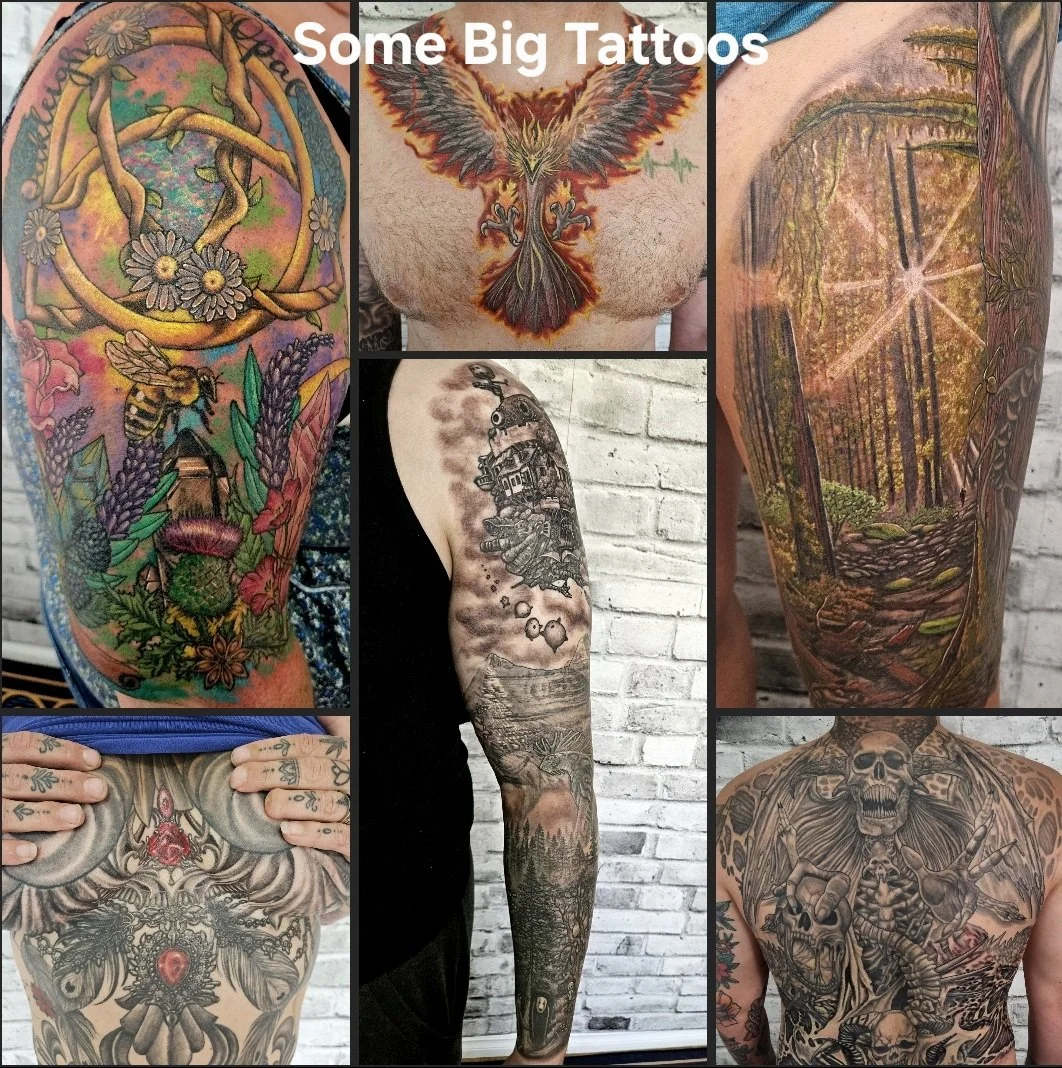 Collage of five different tattoos, including a colorful nature scene with bees and flowers, a tattoo of an owl on a man's chest, a forest landscape tattoo on a person's arm, a detailed black and gray tattoo of a skull and skeleton on a chest, and a t