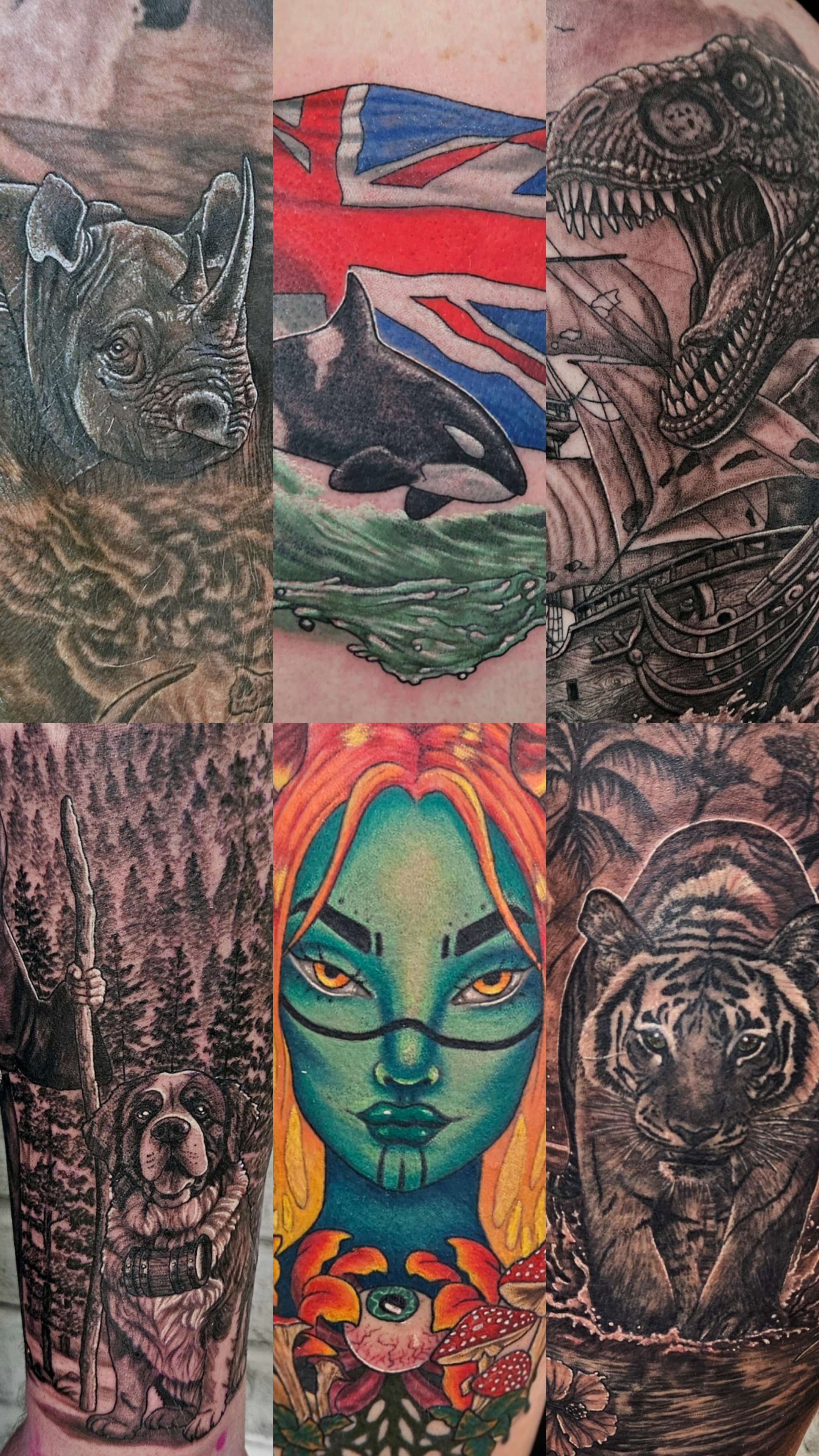 A collage of various tattoo designs, including animals like a dog, a tiger, a shark, a bear, a butterfly, and a dinosaur, along with other artistic and abstract elements.