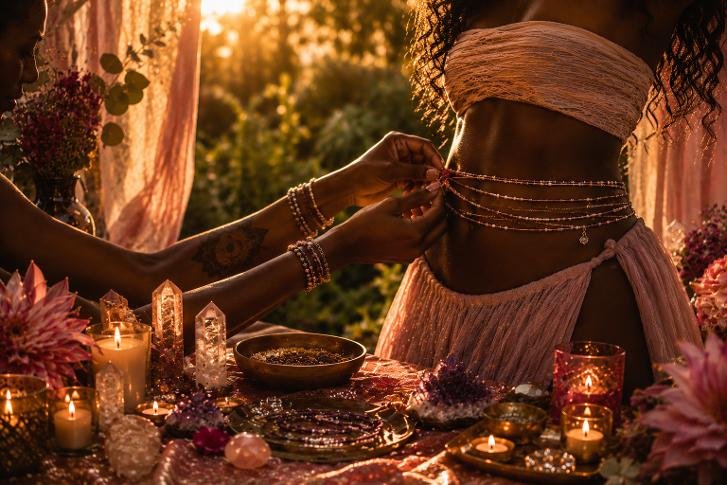 A woman wearing a light pink skirt and a crop top with a wrapped scarf, standing outdoors during sunset, as another person decoratively adorns her waist with a chain. The table in front has candles, crystals, flowers, and jewelry in a mystical or bohemian setting.