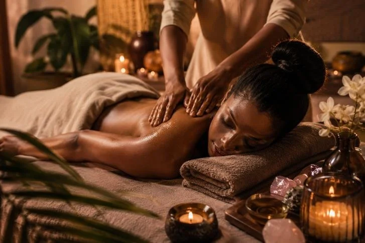 A woman receiving a massage in a dimly lit spa room with candles and flowers.