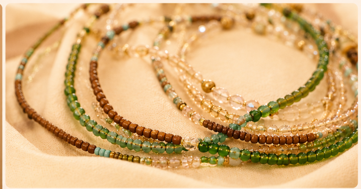 Multiple layered necklaces with beads in shades of green, brown, and clear, laid on a beige fabric surface.