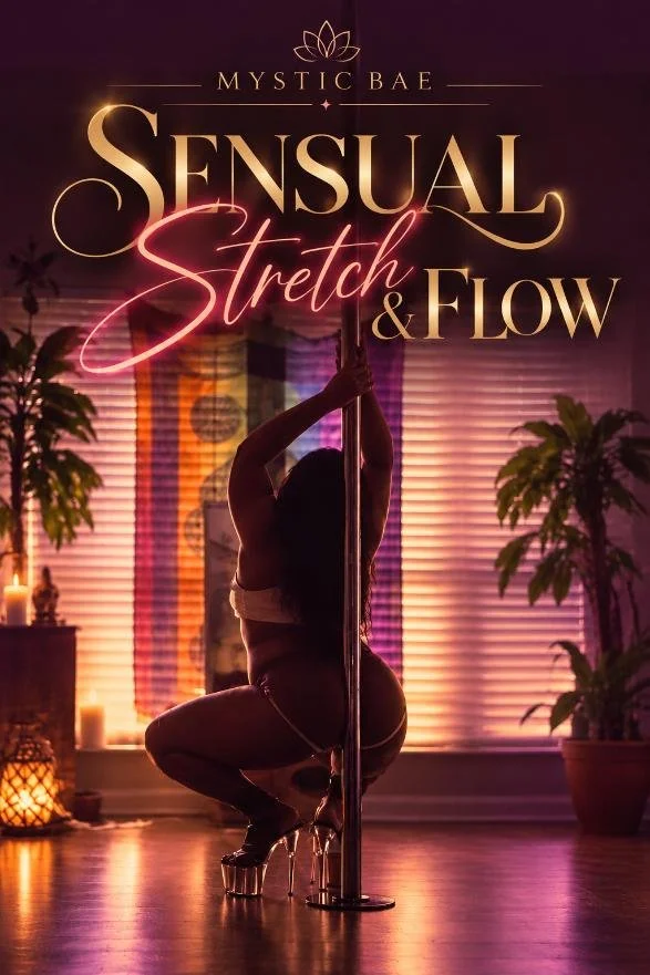 A woman performing a sensual pole dance in a dimly lit room with decorated windows and plants, with text that reads 'Mystic Bae Sensual Stretch & Flow'.