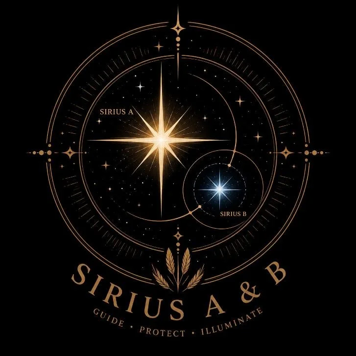 Graphic depicting two stars labeled Siriu s A and Sirius B, with orbital lines, surrounded by decorative elements, and the words 'Sirius A & B' with the phrase 'Guide, Protect, Illuminate' beneath.