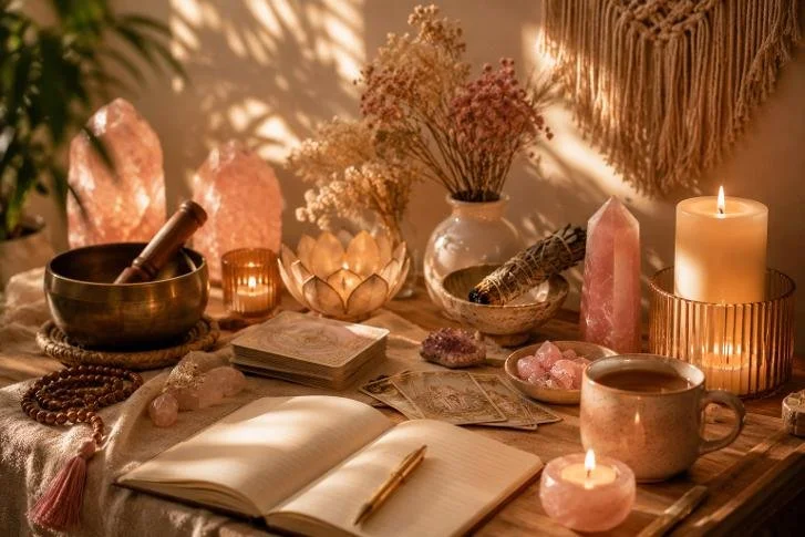A cozy table setup with candles, crystals, dried flowers, an open journal with a pen, a mug, and spiritual objects in a warm, softly lit room.