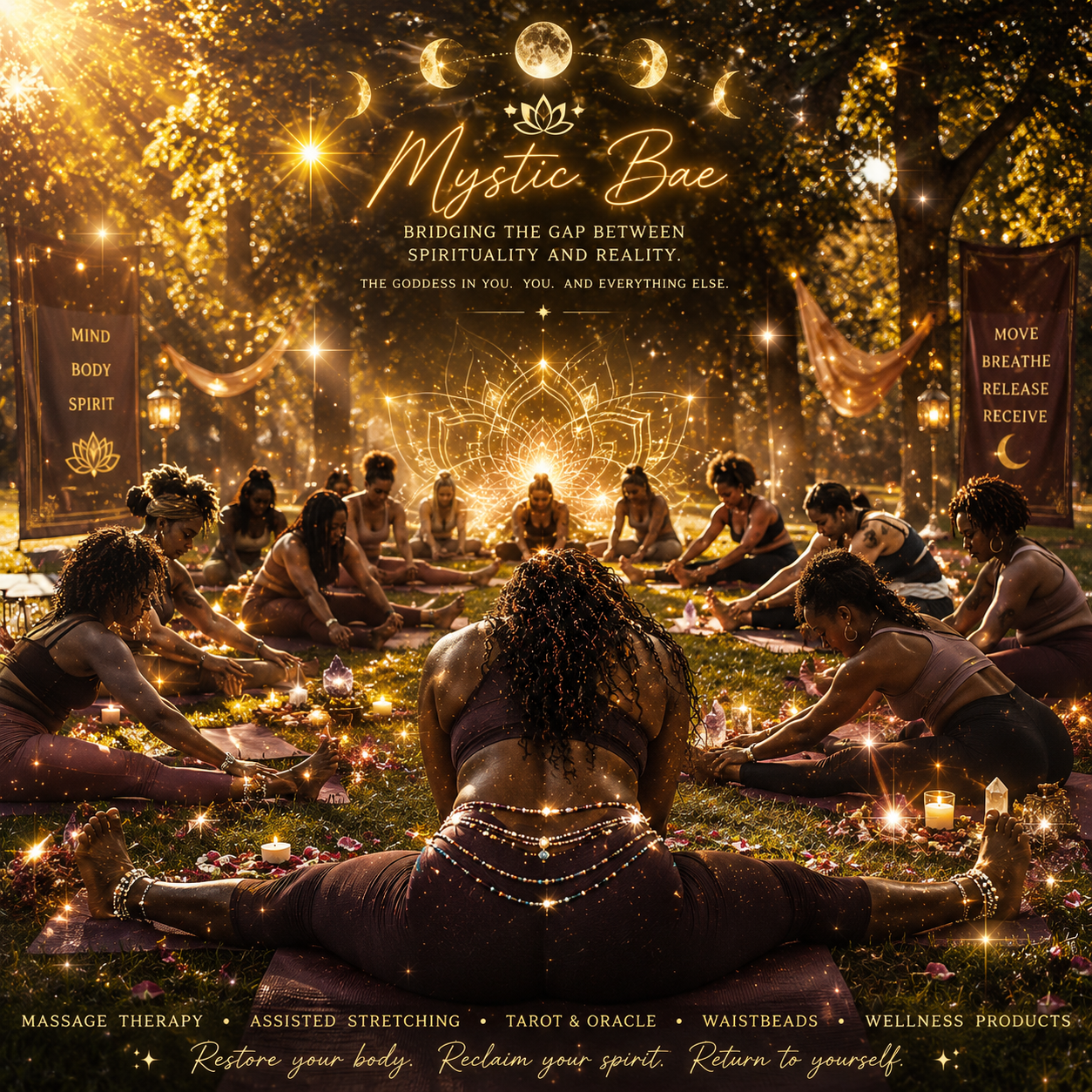 Group of women practicing yoga outdoors at sunset, surrounded by candles and sparkling lights, with mystical celestial and lotus designs in the background, promoting spiritual wellness and relaxation.