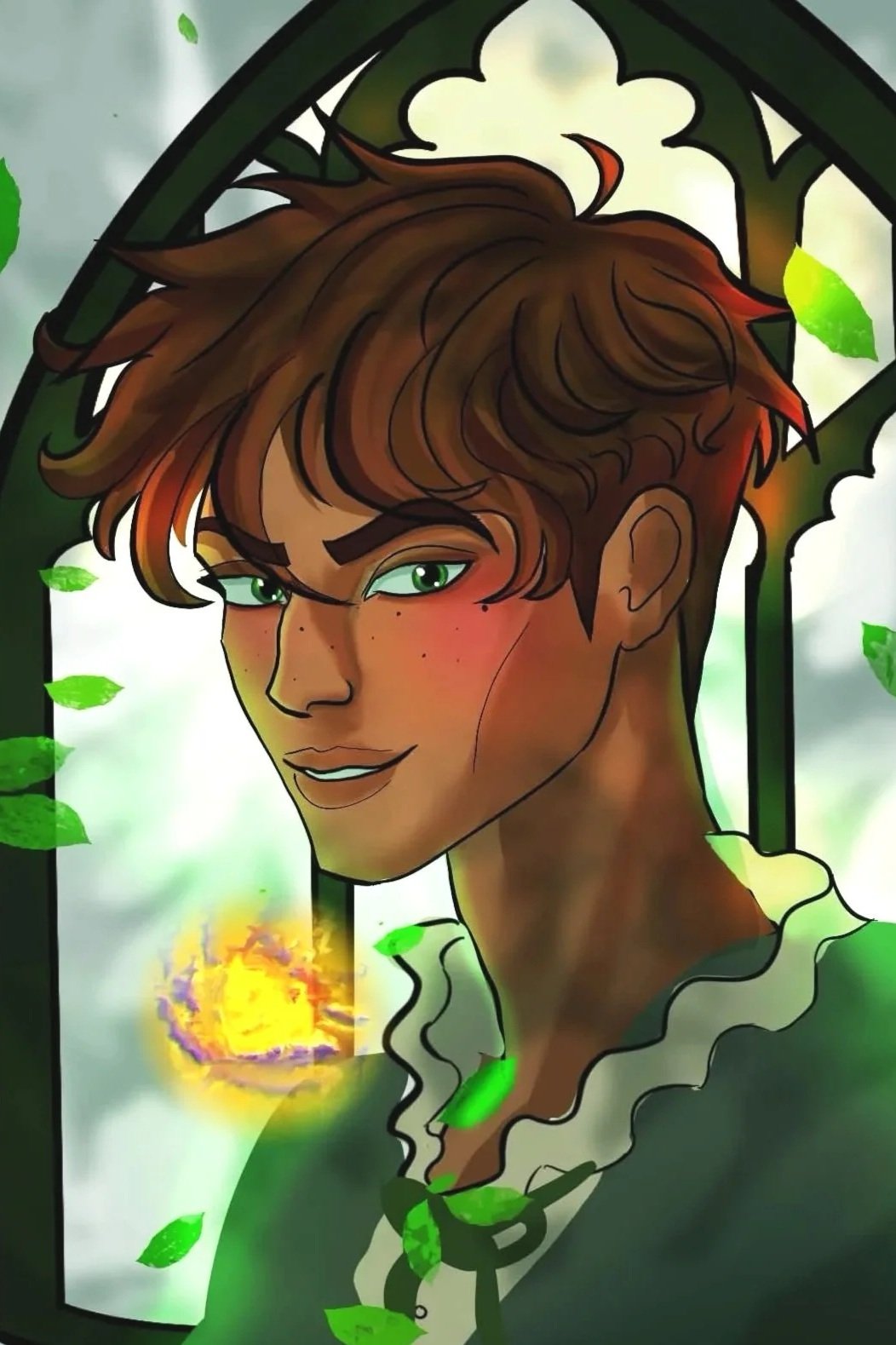 Illustration of a young man with brown hair and green eyes, wearing a green and white outfit, standing in front of a window with green leaves and a glowing yellow fire outside.