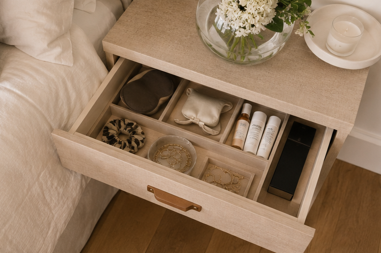 Unlocked bedside table drawer containing skincare products, jewelry, scrunchie, and small pouches, next to a bed with beige bedding and a vase of white flowers on top.