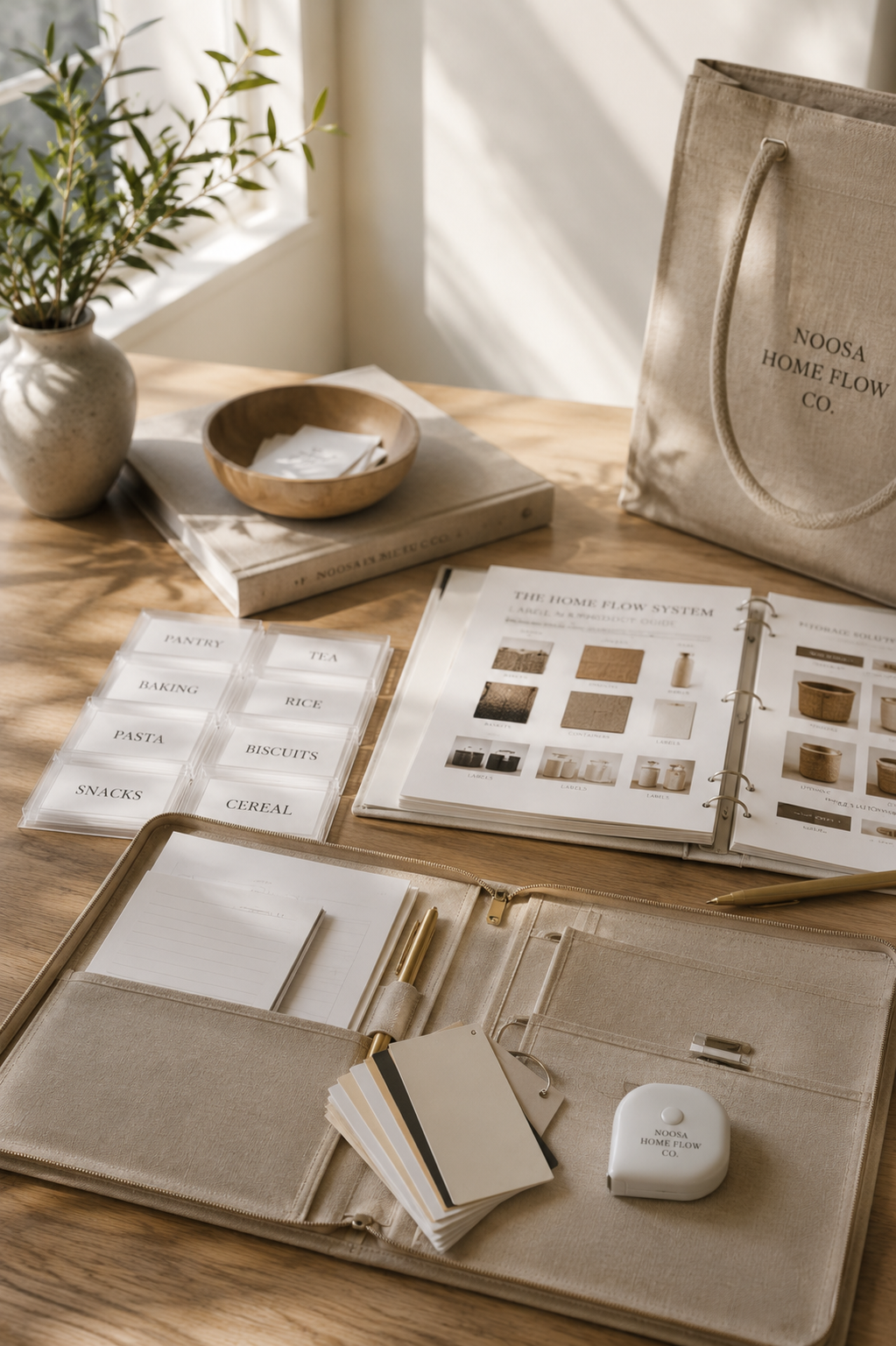 A workspace on a wooden table featuring a potted plant, a wooden bowl with paper, a binder with design plans, labels for pantry items, samples, and a beige tote bag from NOOSA HOME FLOW CO, with natural light streaming in.
