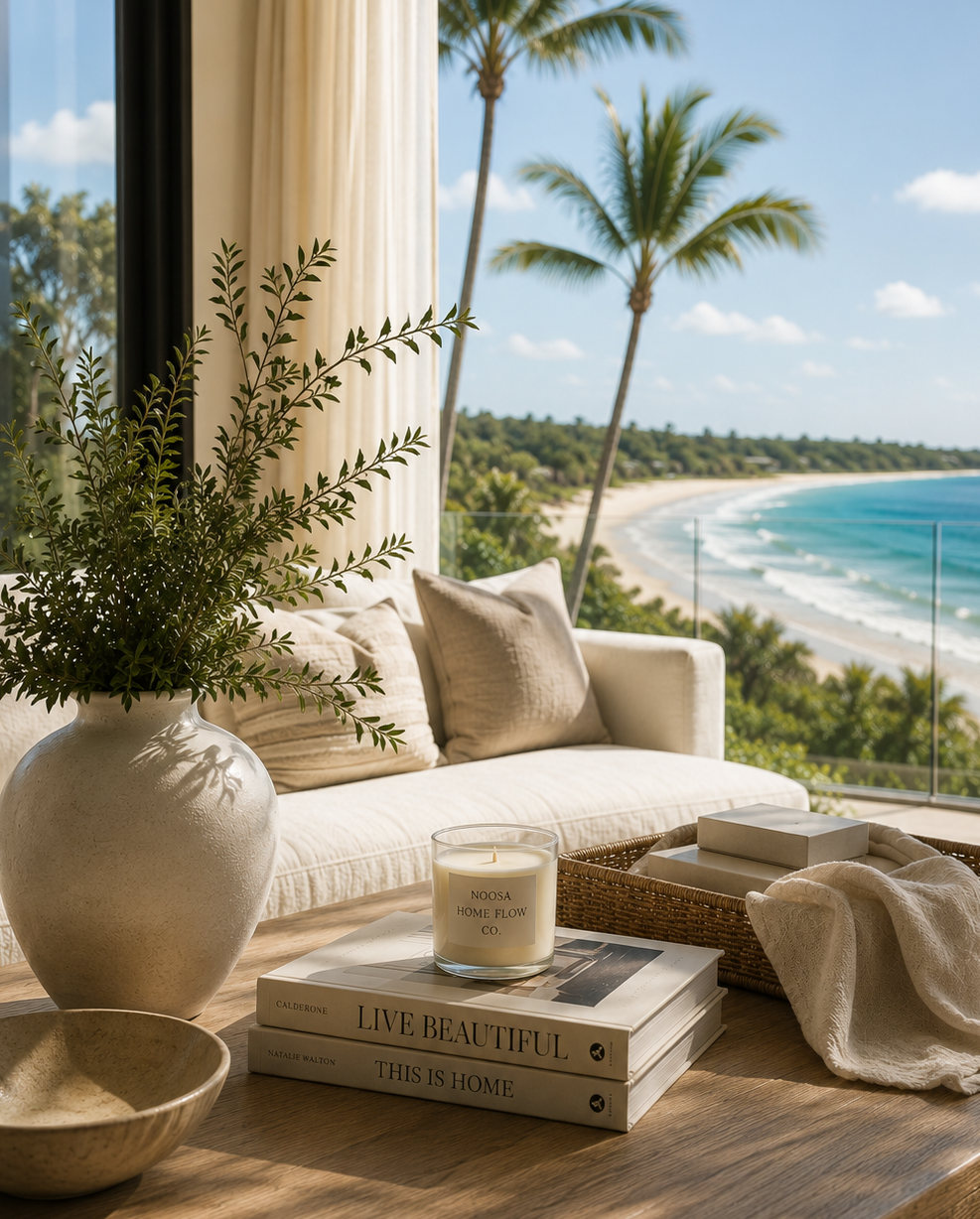Cozy living room with a view of the beach, featuring a white couch, beige pillows, potted plant, books titled "Live Beautiful" and "This is Home," a candle, and a wicker tray with fabric, overlooking palm trees and the ocean.