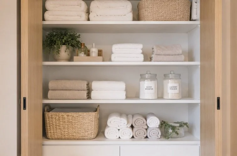Shelves with neatly folded towels, jars labeled 'SCENT BOOSTER' and 'LAUNDRY FOAM,' a woven basket, potted plant, and toiletry bottles in a linen closet.