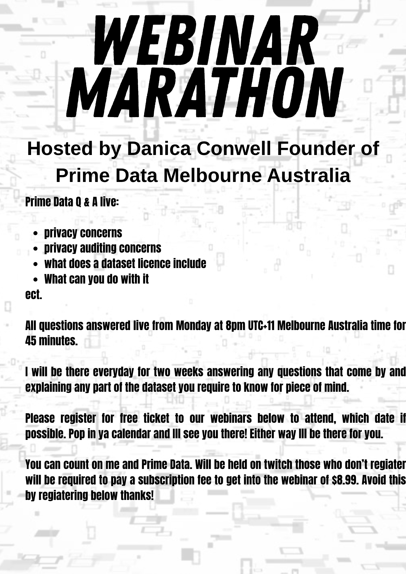 A flyer for a webinar marathon hosted by Danica Conwell of Prime Data Melbourne Australia. The flyer provides details about the webinar's topics, timing, registration process, and participation instructions.
