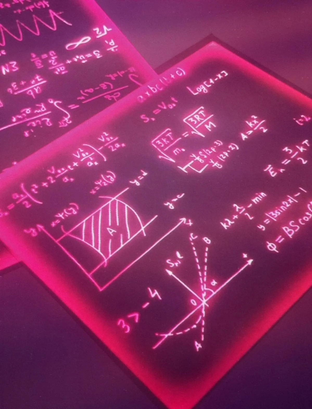 Neon pink glow educational chalkboard or poster featuring complex mathematical formulas, equations, graphs, and diagrams, including geometric shapes and calculating formulas.