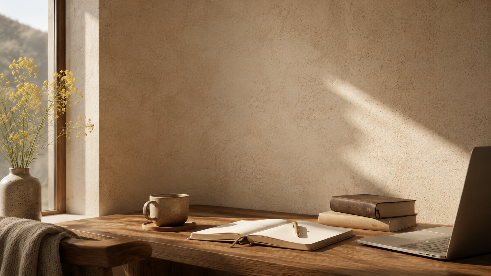 Sunlit wooden desk near a window with a vase of yellow flowers, a mug, an open notebook with a pen, old books, and a laptop.