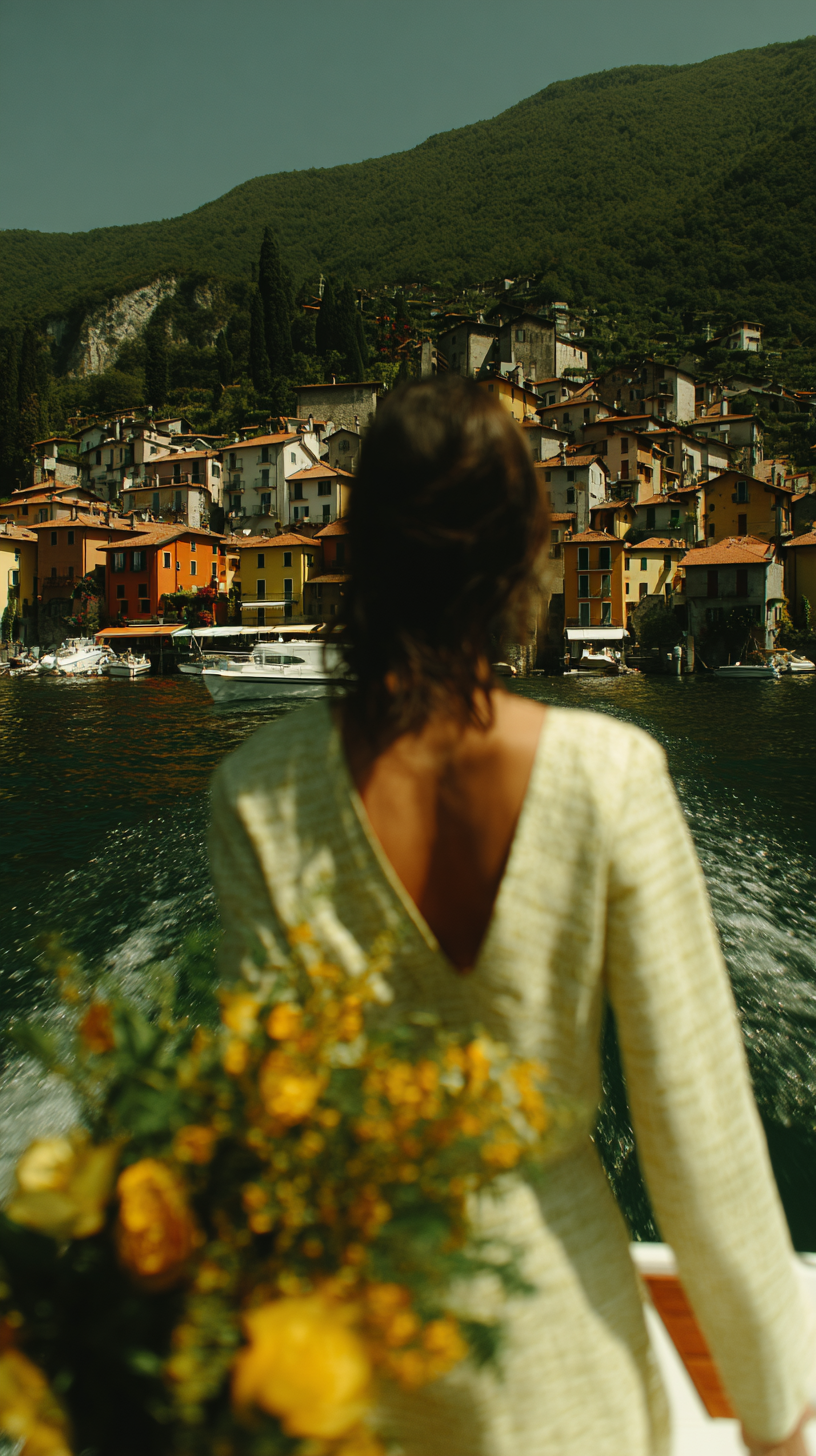A woman on a boat holding a bouquet of yellow and orange flowers, with a view of colorful hillside houses and green mountains in the background.