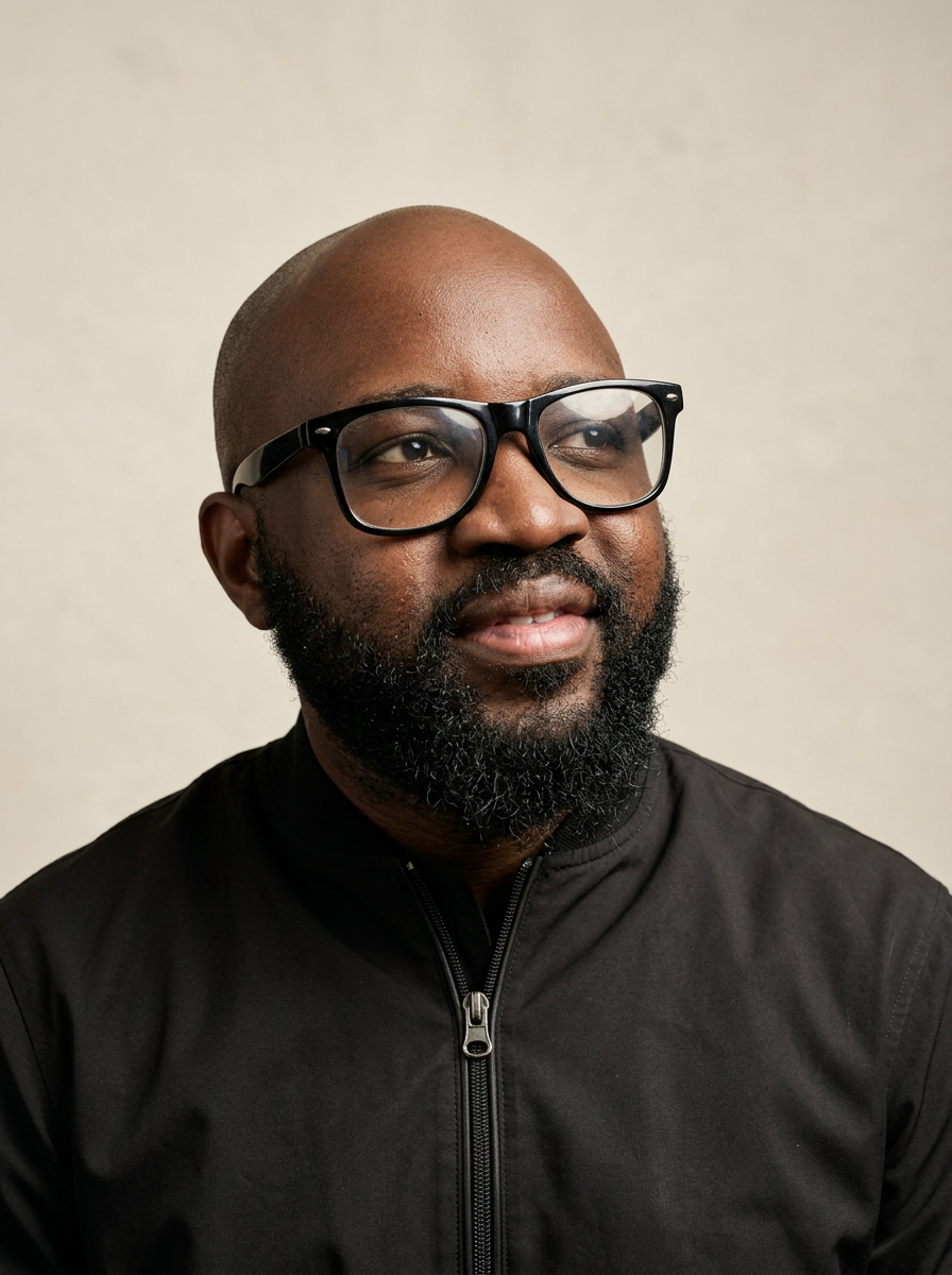Close-up of a black man with a bald head and full beard, wearing black-rimmed glasses and a black zip-up jacket, looking slightly to the side with a neutral expression.