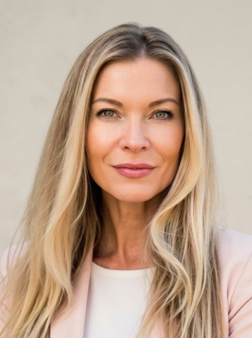 A close-up of a woman with long blonde hair, fair skin, and light-colored eyes, wearing a light pink blazer and white top, looking directly at the camera with a neutral expression.