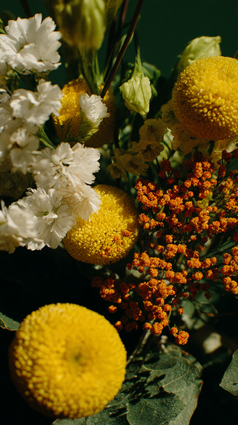 Close-up of a bouquet with white, yellow, and orange flowers.