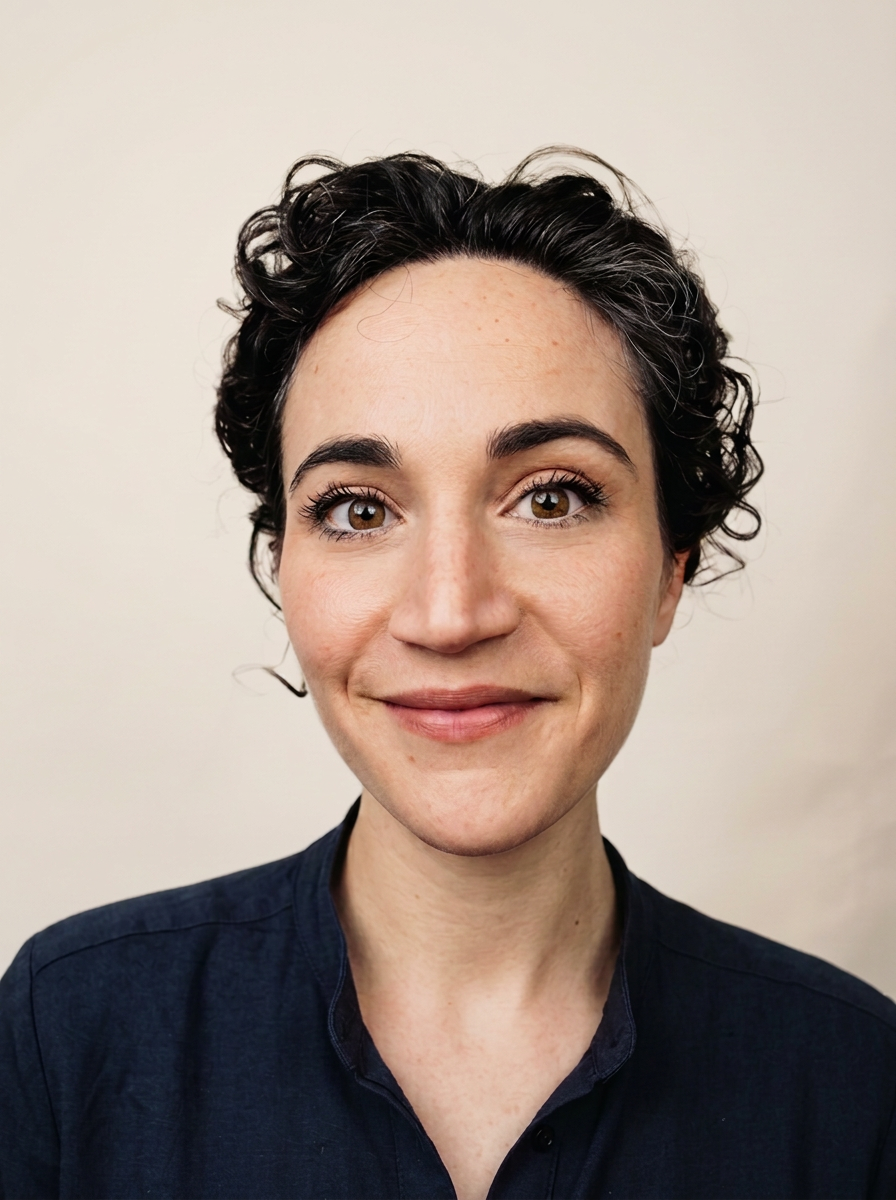 Close-up portrait of a woman with short, curly dark hair, brown eyes, and light skin, smiling softly, wearing a dark blue shirt, against a plain off-white background.