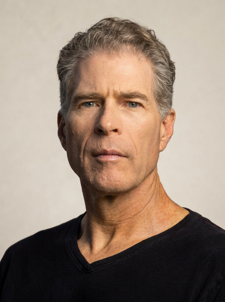 A middle-aged man with gray hair and blue eyes wearing a black V-neck shirt against a plain background.