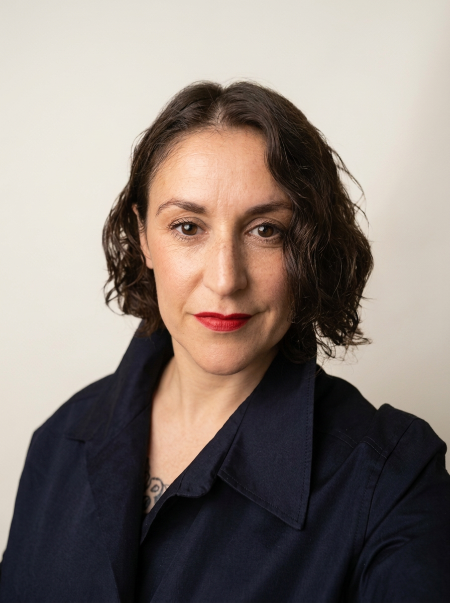 A woman with short, curly brown hair wearing a dark button-up shirt, looking into the camera with a neutral expression, against a plain light-colored background.