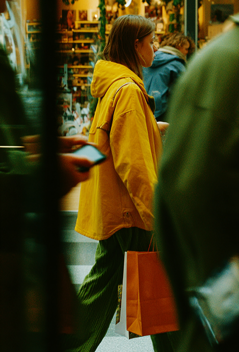 A woman in a yellow jacket and green pants holding a shopping bag, standing among others in a busy store.