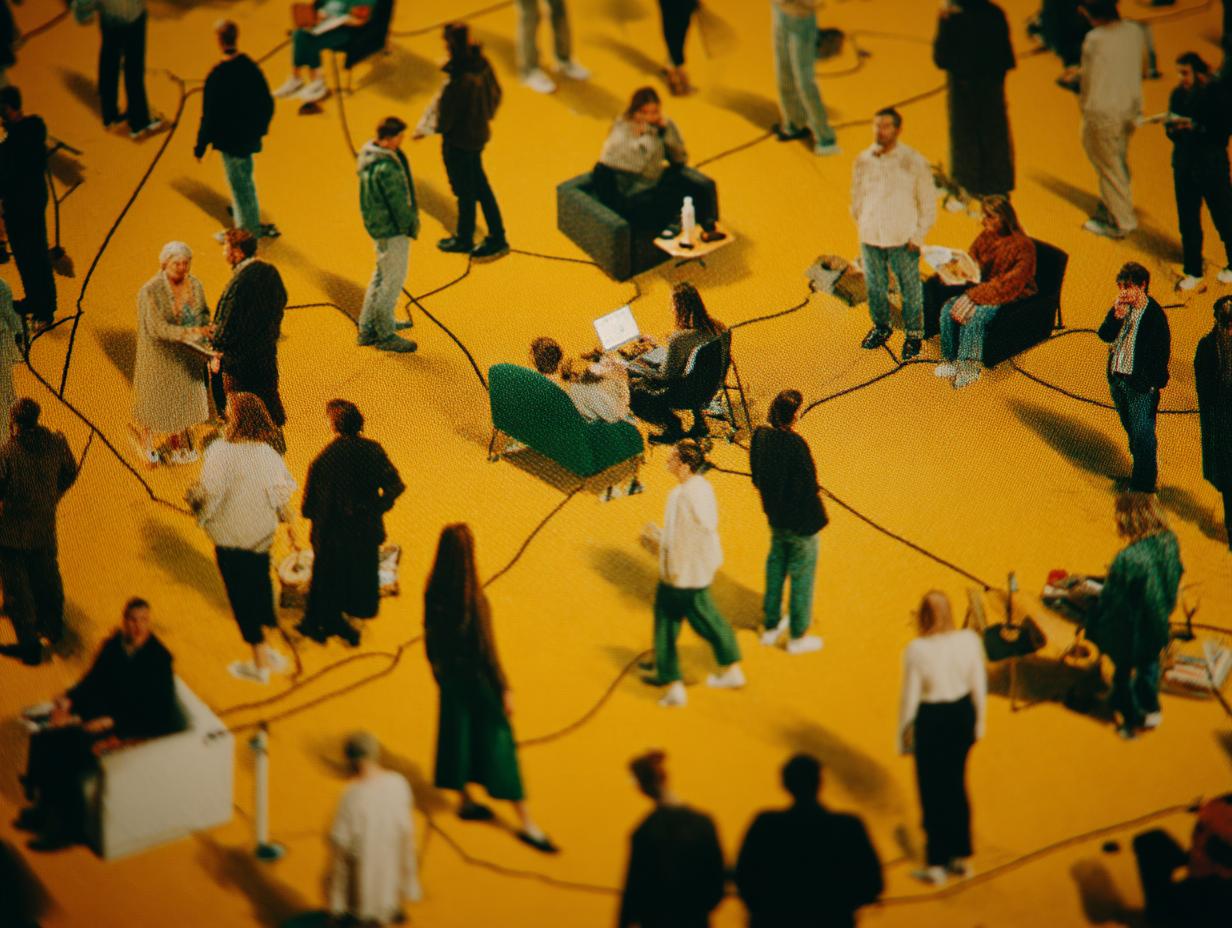 People waiting in line at an indoor vaccination or testing site with social distancing marked by black lines on a yellow floor.