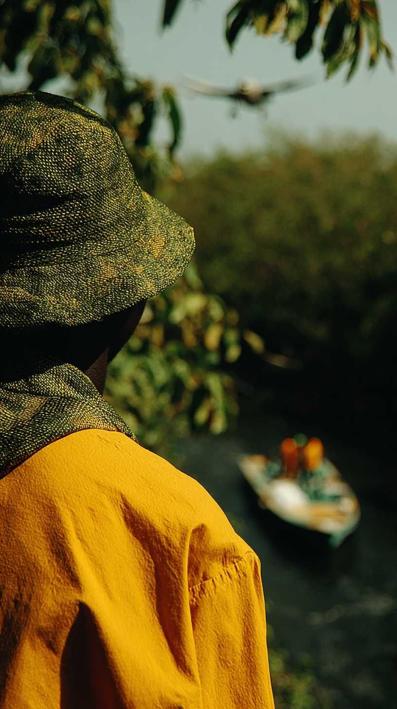 A person wearing a green and yellow patterned headscarf and a yellow shirt, looking towards a river with a boat carrying two people, and a bird flying above, surrounded by green foliage.