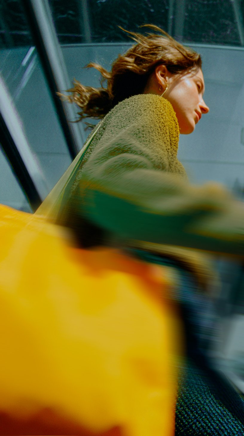 A woman with light brown hair and light skin leaning back with her eyes closed, wearing a yellow-green textured sweater, inside a vehicle or building with glass and metal structures, her hair flowing back.
