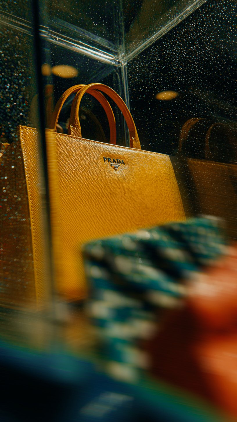 A yellow Prada handbag displayed in a glass case with water droplets, with a blurred stack of poker chips in the foreground.
