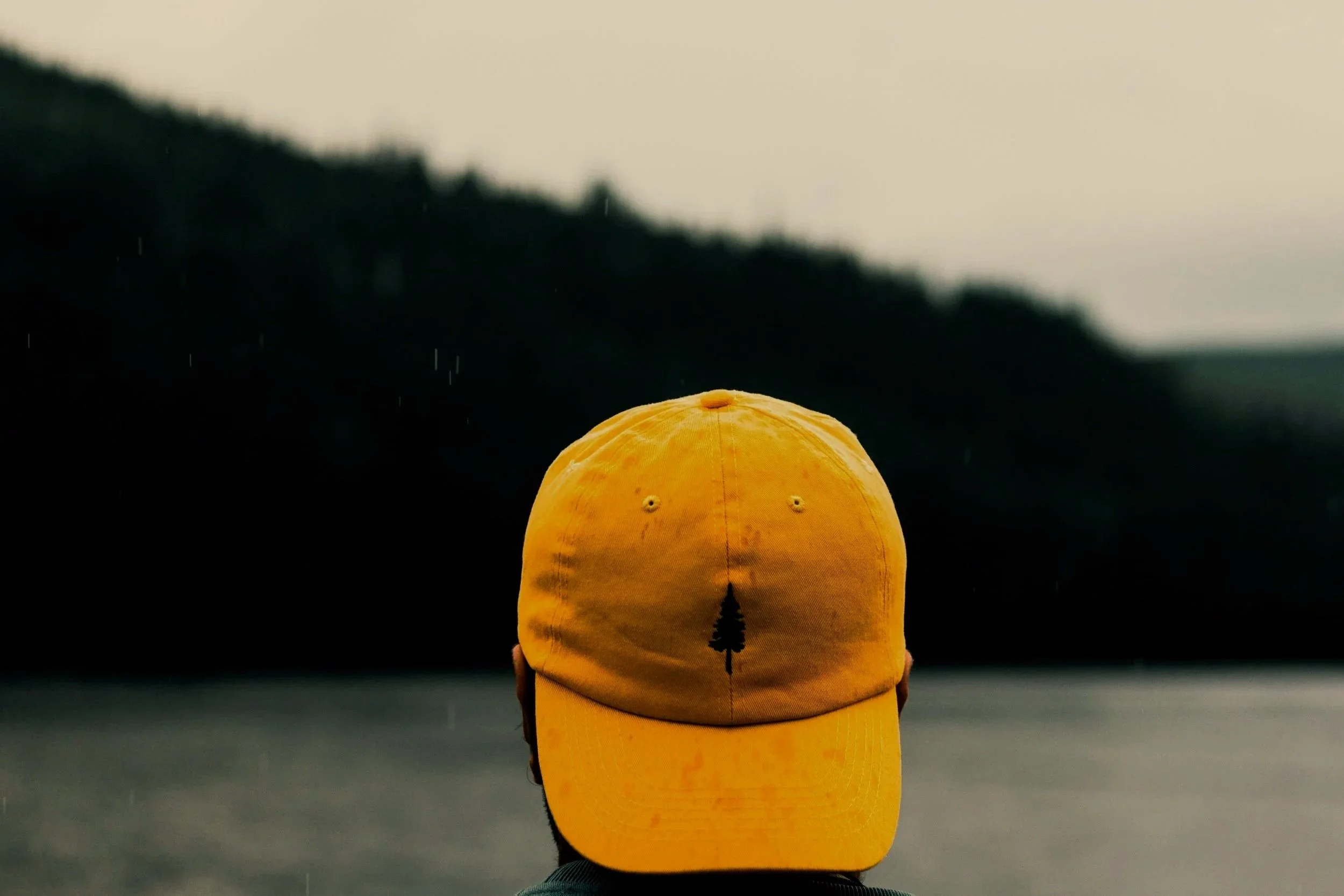 Person wearing a yellow baseball cap with a small tree silhouette on the back, standing outdoors near a body of water with mountains in the background.