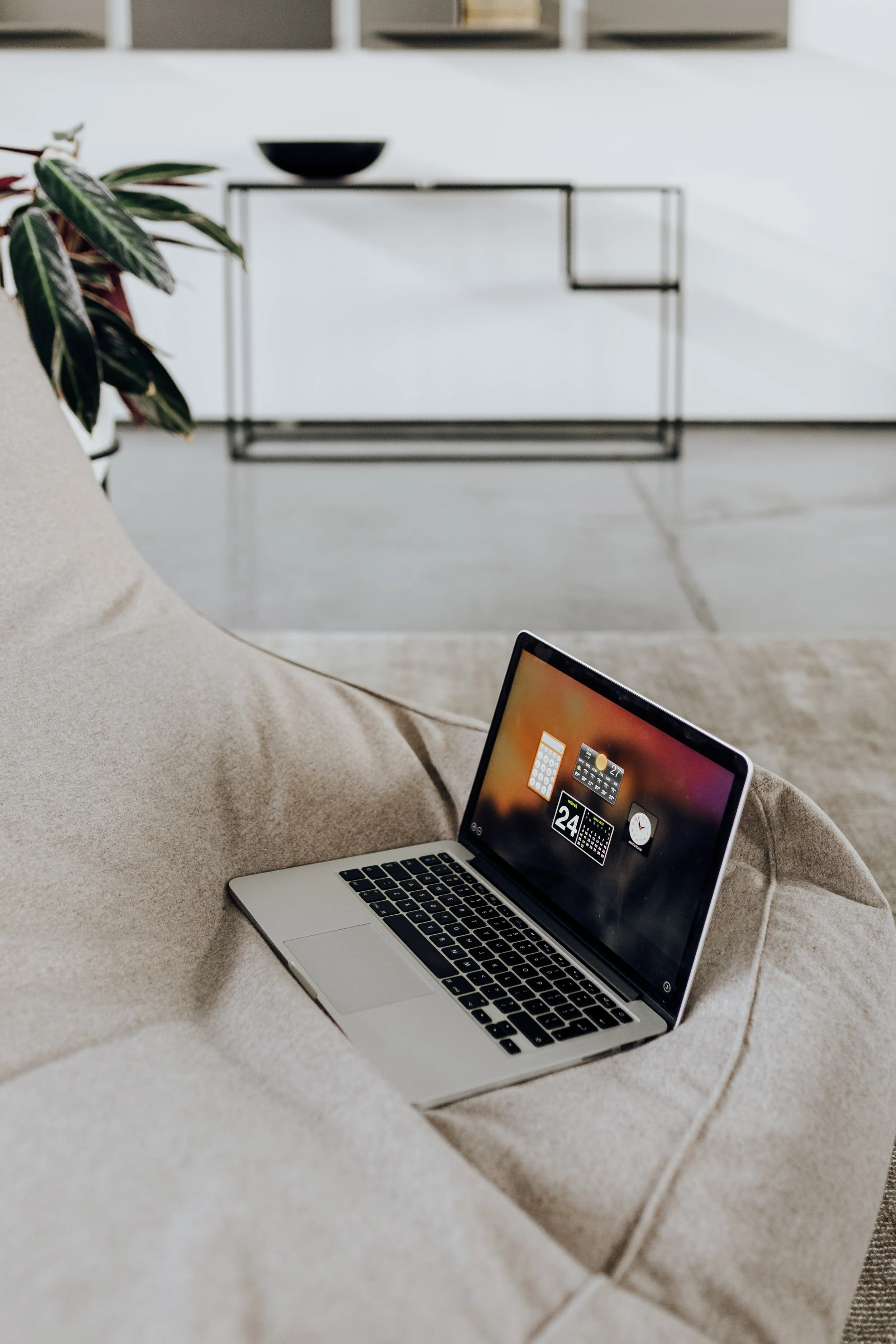 A silver laptop with a colorful screen on a beige sofa. A potted plant is partially visible on the left side. In the background, there is a minimalistic white wall with a black metal shelving unit and decorative bowls.