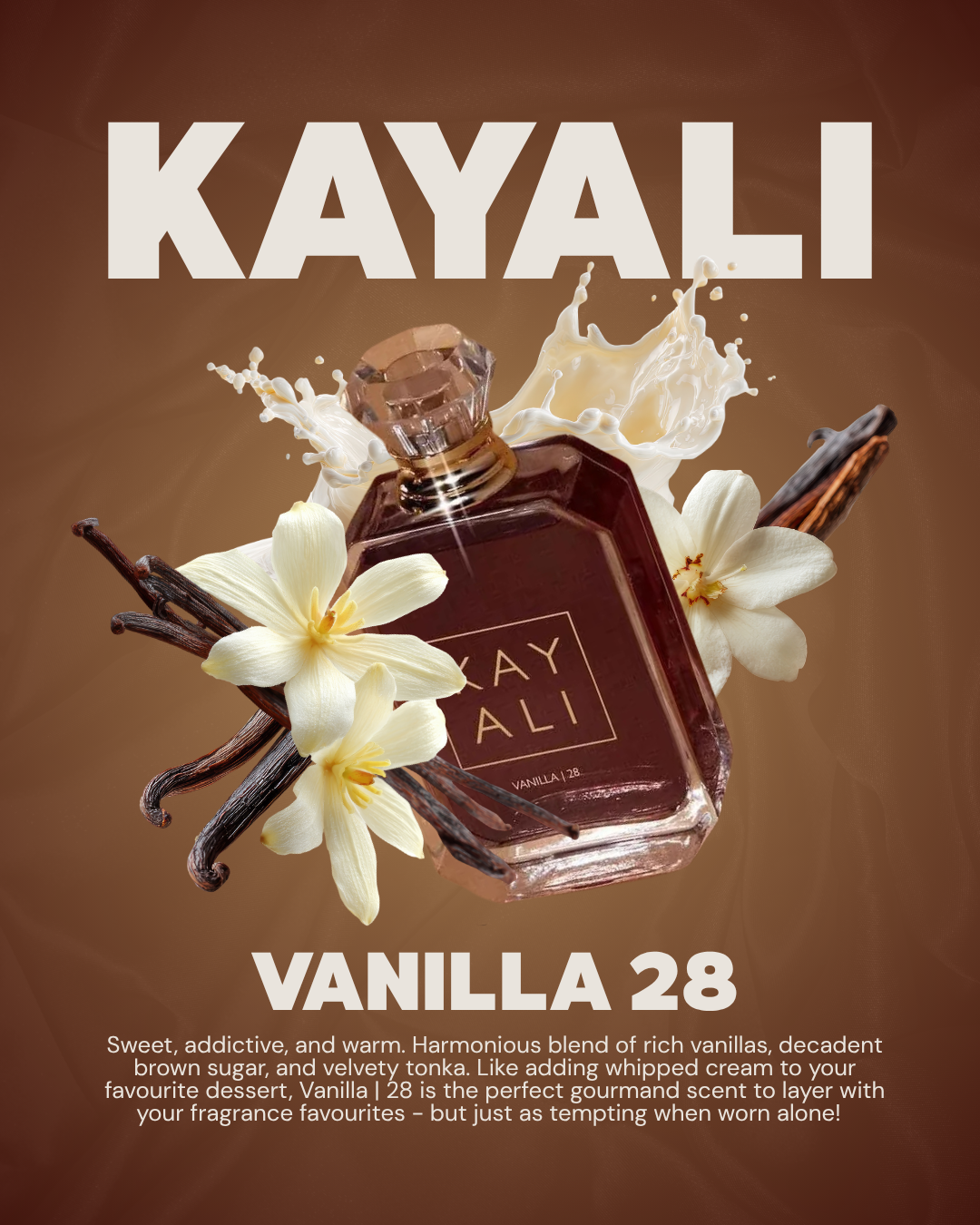 A promotional image for Kayali Vanilla 28 perfume, featuring a perfume bottle surrounded by vanilla beans, white flowers, and a splash of cream or milk, with the text 'KAYALI' at the top and 'VANILLA 28' along with a description at the bottom.