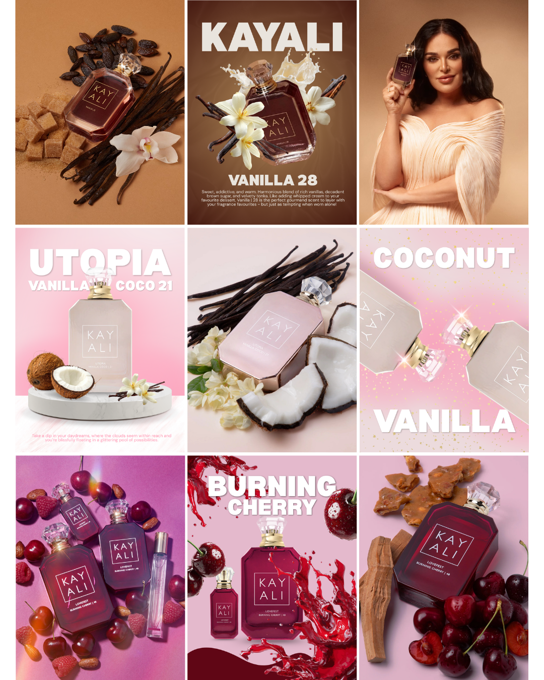 Collage of perfume bottles and ingredients with a woman holding a perfume, featuring scents named Vanilla 28, Utopia, Coconut, Burning Cherry, with visual themes of vanilla, cherry, coconut, and berries