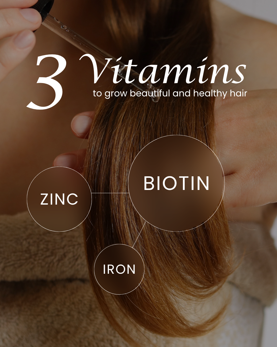 Close-up of hair being treated with dropper, highlighting vitamins such as biotin, zinc, and iron for healthy hair growth.